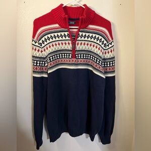IZOD Classic Fair Isle Quarter Zip Casual Sweater Navy Blue Red White Men's XL